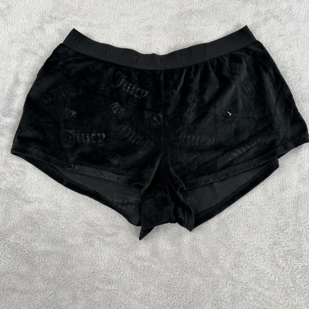 Juicy Couture Velour Shorts L Black Embossed Logo Y2K Lounge Sleep Terry Womens